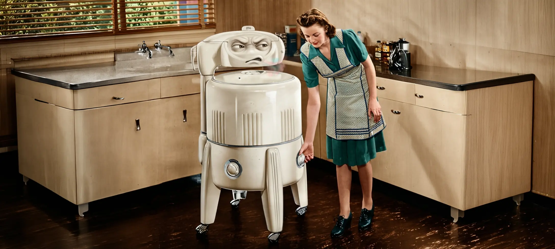 Стиральная машинка 1940-х годов. Изображение сгенерировано нейросетью