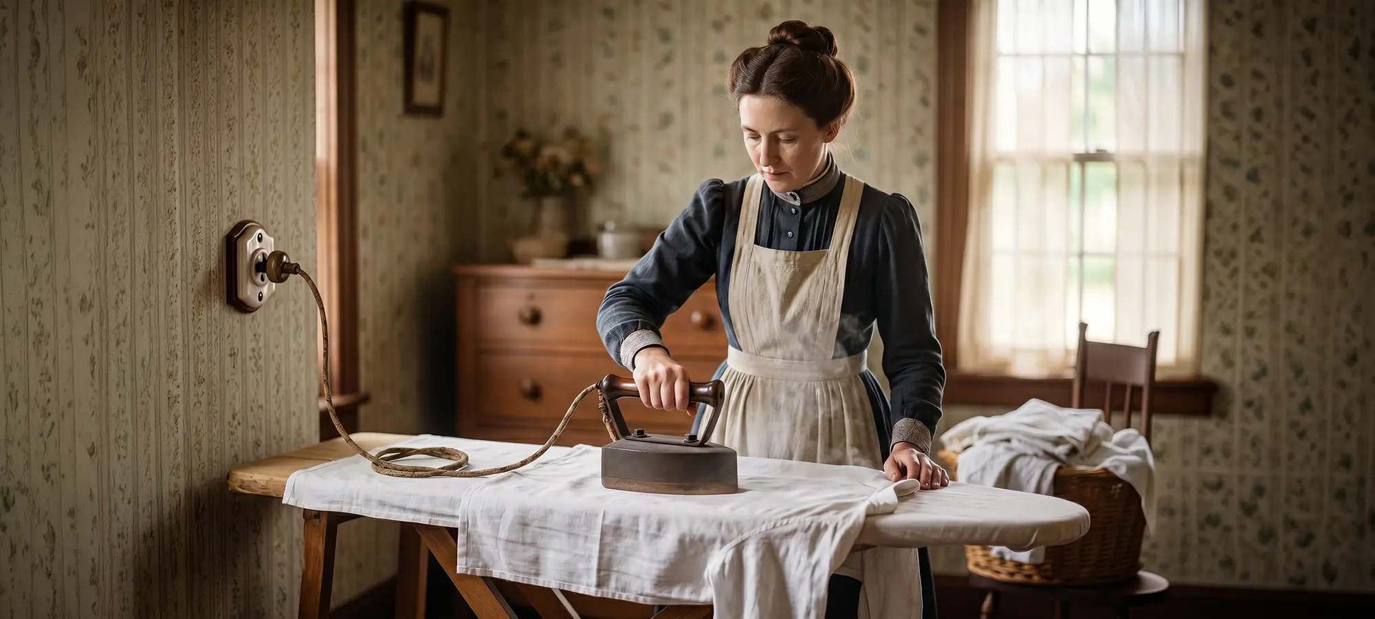 Женщина гладит вещи первым электрическим утюгом. Изображение сгенерировано нейросетью
