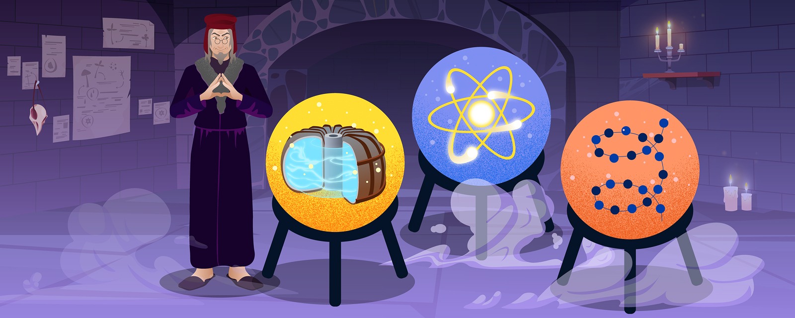 Средневековый алхимик в своей лаборатории с помощью заклинаний увидел токамак, структуру атома и строение белка