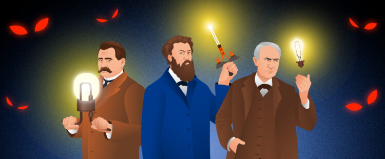 Александр Лодыгин, Павел Яблочков и Томас Эдисон разгоняют тьму своими изобретениями