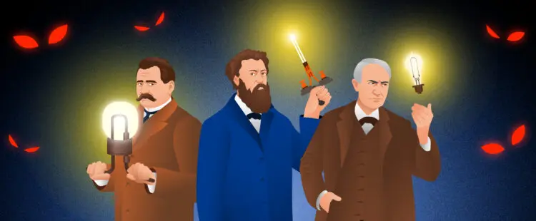 Александр Лодыгин, Павел Яблочков и Томас Эдисон разгоняют тьму своими изобретениями