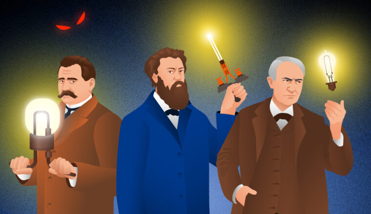Александр Лодыгин, Павел Яблочков и Томас Эдисон разгоняют тьму своими изобретениями