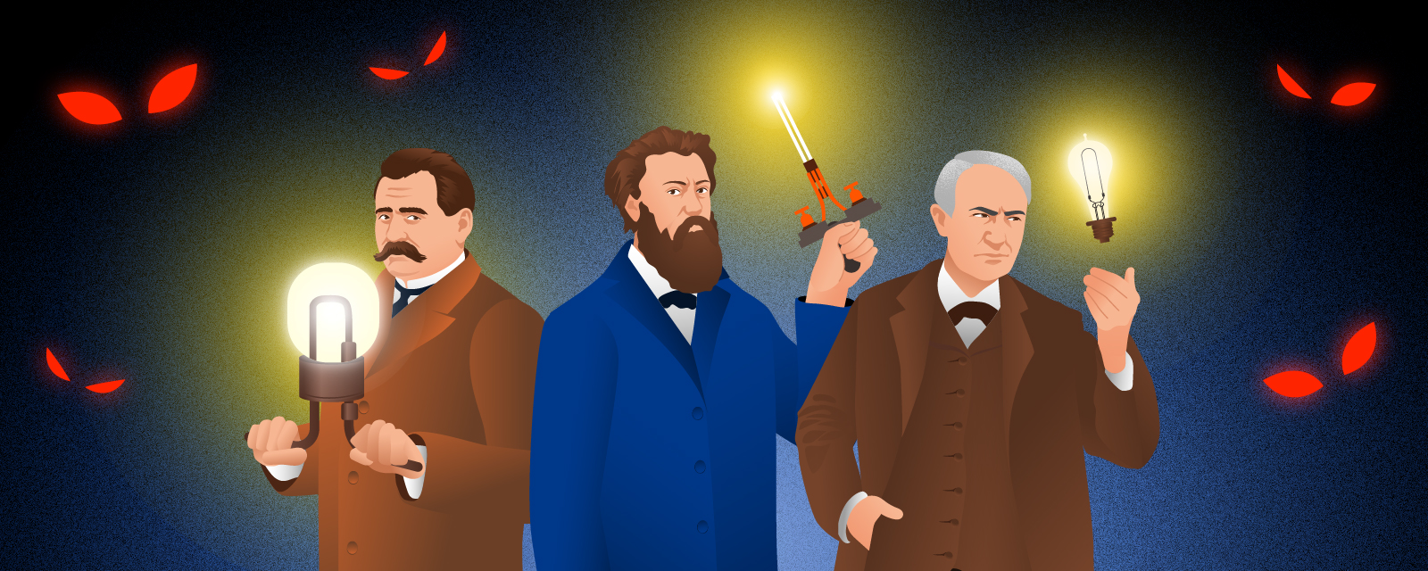 Александр Лодыгин, Павел Яблочков и Томас Эдисон разгоняют тьму своими изобретениями