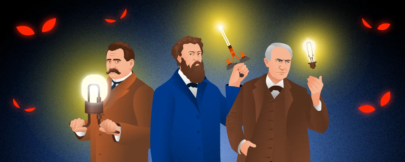 Александр Лодыгин, Павел Яблочков и Томас Эдисон разгоняют тьму своими изобретениями